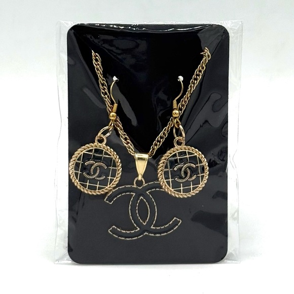 Upcycled 3-Piece Chancel Earrings + Pendant Necklace - Authentic, Stamped - Gold - Picture 7 of 7